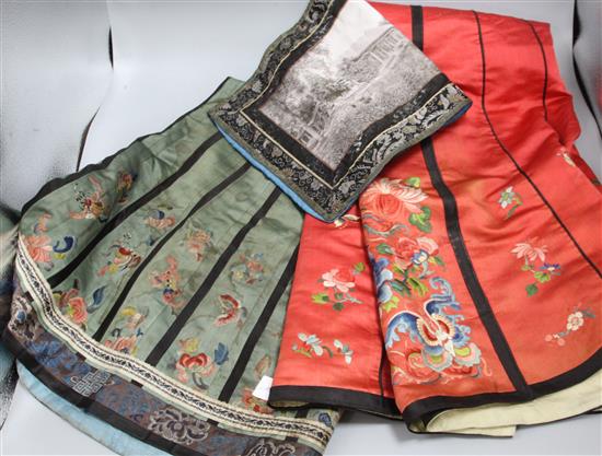 Two Chinese embroidered silk skirts and an embroidered picture